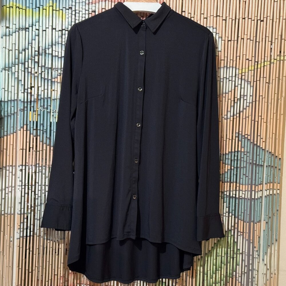 H by Halston, Jet Set Jersey Button Front, Collared, Knit Shirt, Black, Medium